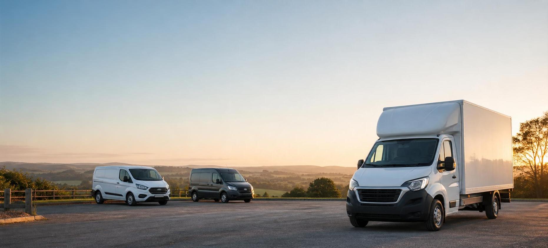 Wide hero image of a clean West Sussex vehicle hire fleet led by a white Luton van